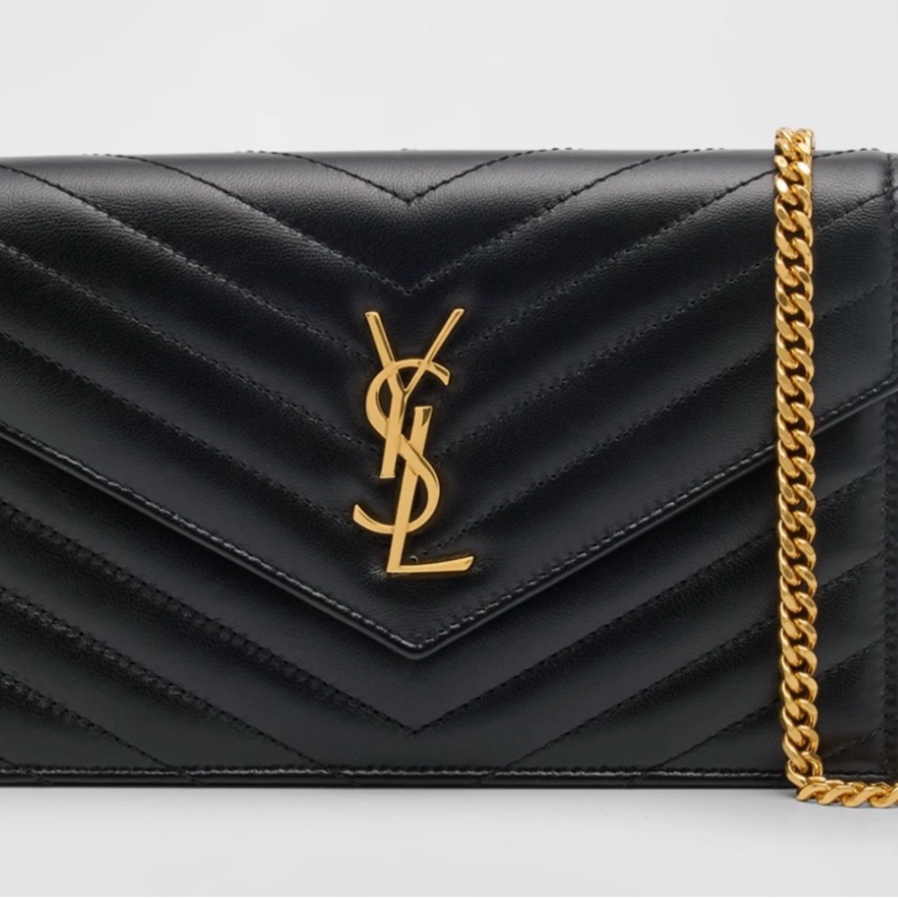 Yves Saint Laurent Black Chevron Crossbody with Gold Chain
